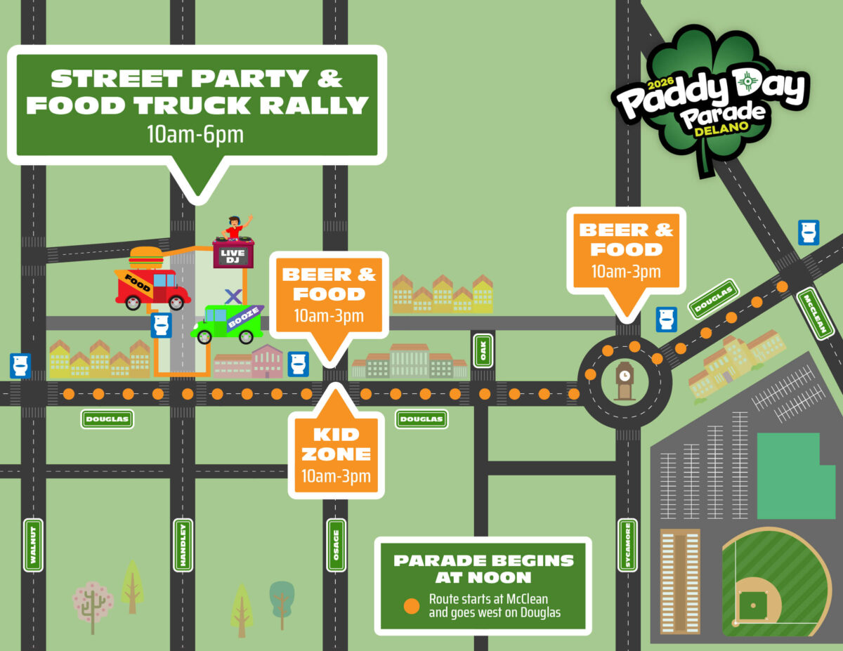 The 2026 Delano Paddy Day Parade Route, west on Douglas from McClean to Walnut.